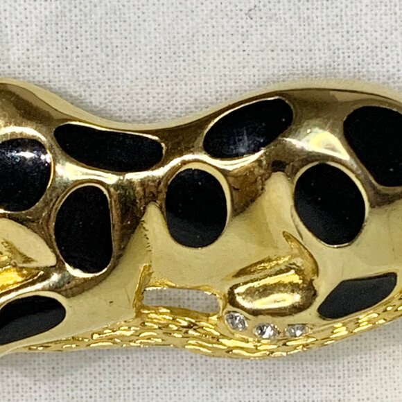 VTG 80s Panther Leopard Brooch Pin Gold Tone Black Enamel Rhinestone Cat Jewelry - Picture 4 of 6